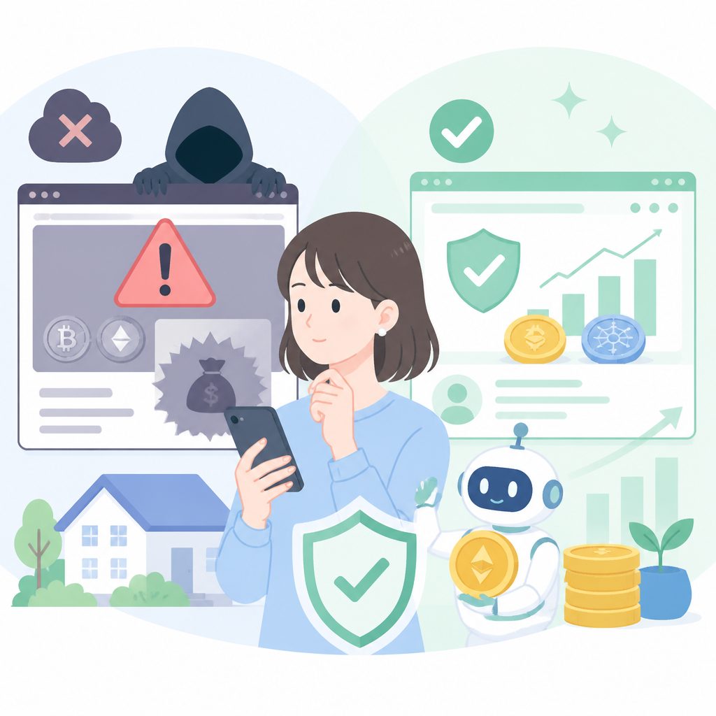 「AIが自動で投資」は詐欺？暗号資産・偽サイトの見分け方のイメージイラスト