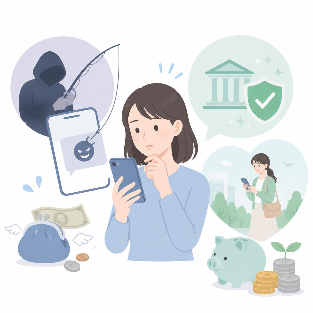 そのSMS、本物？フィッシング詐欺の見分け方と対処法のイメージイラスト