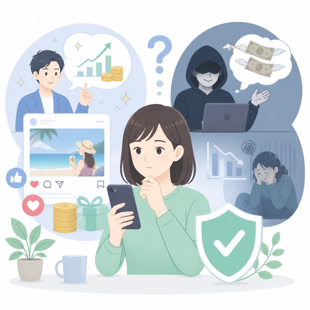SNS投資詐欺ってなに？手口と見分け方のイメージイラスト