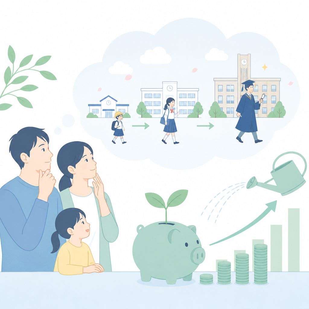 教育資金はいくら必要？大学までの目安と貯め方の考え方のイメージイラスト