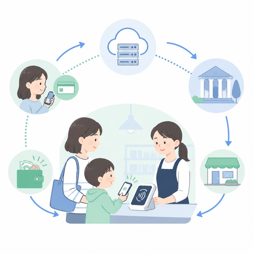 キャッシュレスってどんな仕組み？お金の流れを子どもと学ぼうのイメージイラスト