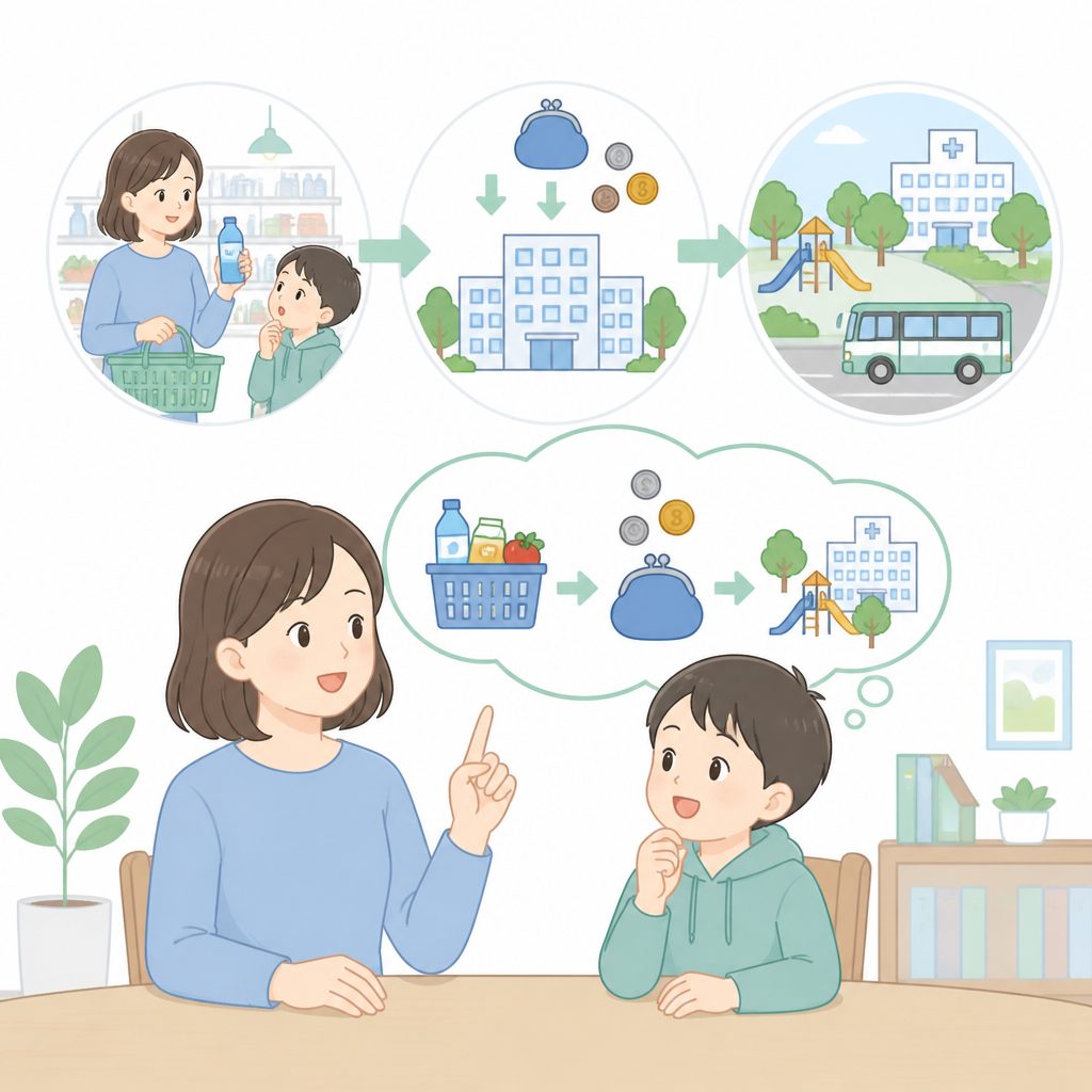 消費税ってなに?子どもに説明する3つのステップのイメージイラスト