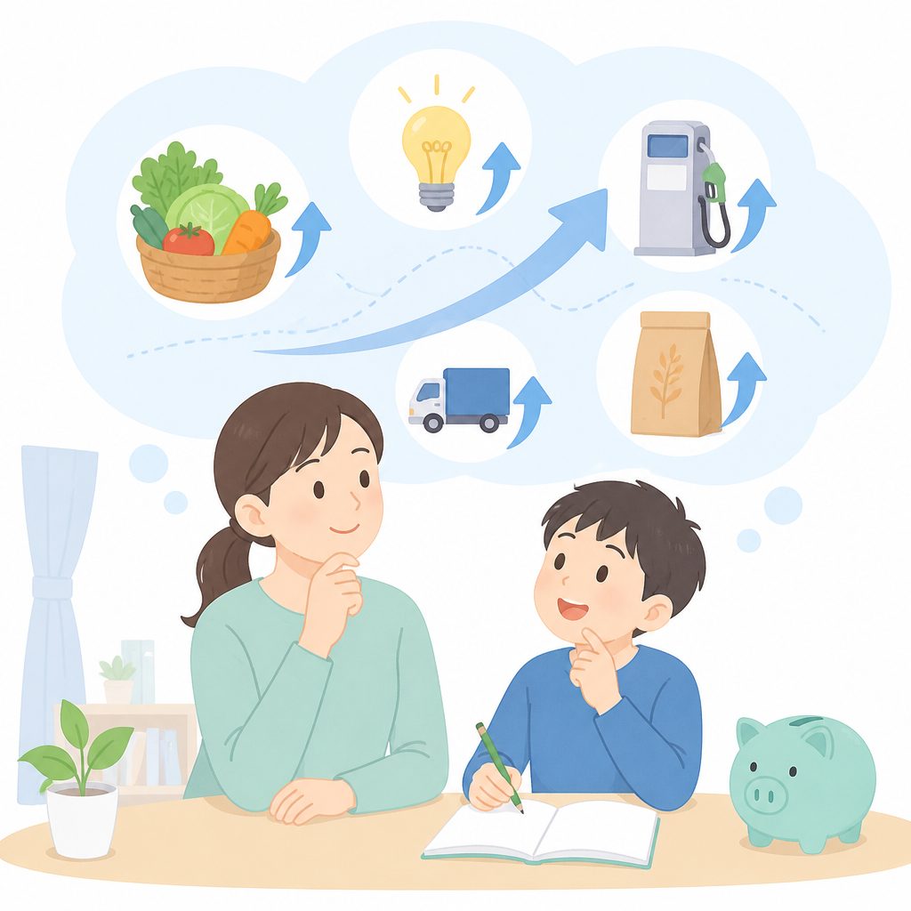 値上げってなに?ものの ねだんが 上がる りゆうを 親子で 考えようのイメージイラスト