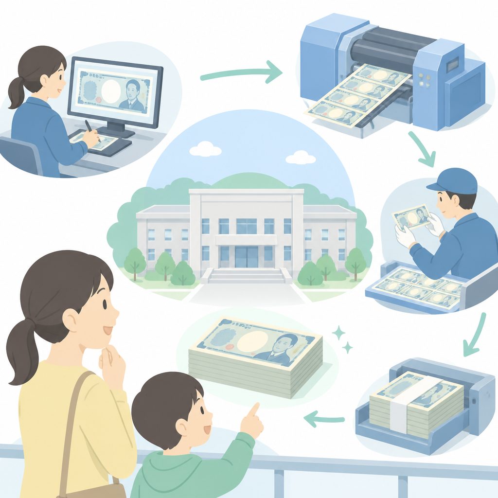 お札はどこで作られる?お金ができるまでを親子で学ぼうのイメージイラスト