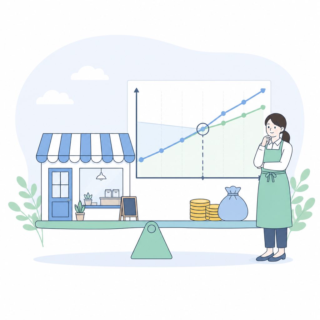 損益分岐点ってなに？お店が赤字にならない売上をやさしく計算のイメージイラスト