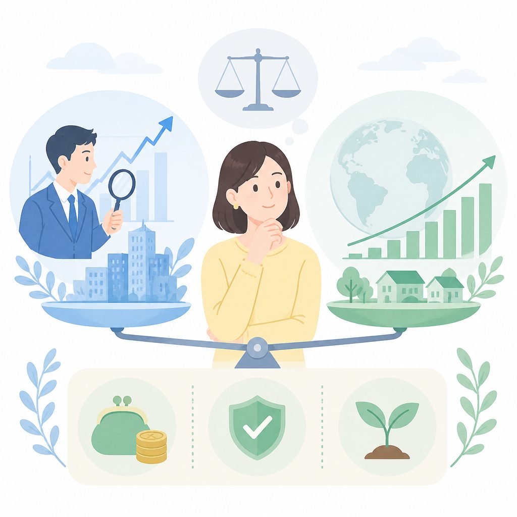 アクティブファンドとインデックスファンドの違いは?選び方3つの軸のイメージイラスト